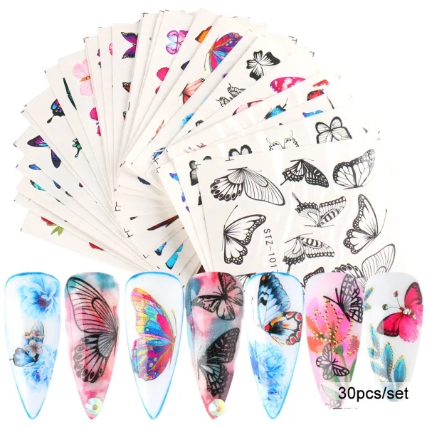 

30pcs/14pcs Set Sticker Butterfly Water Transfer Decal Anime Leaf Foil Nail Sticker on Nails Flower Fashionable 20g 10pcs, Picture