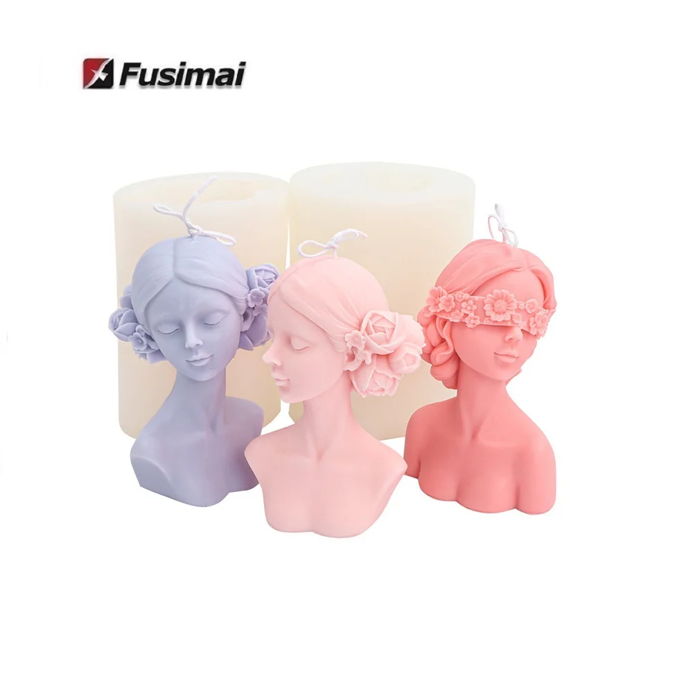 

Fusimai Blindfolded Big Pigtail Girl Silicon Candle Mould Resin Closed Eyes Flower Half Body Beauty Silicone Candle Molds