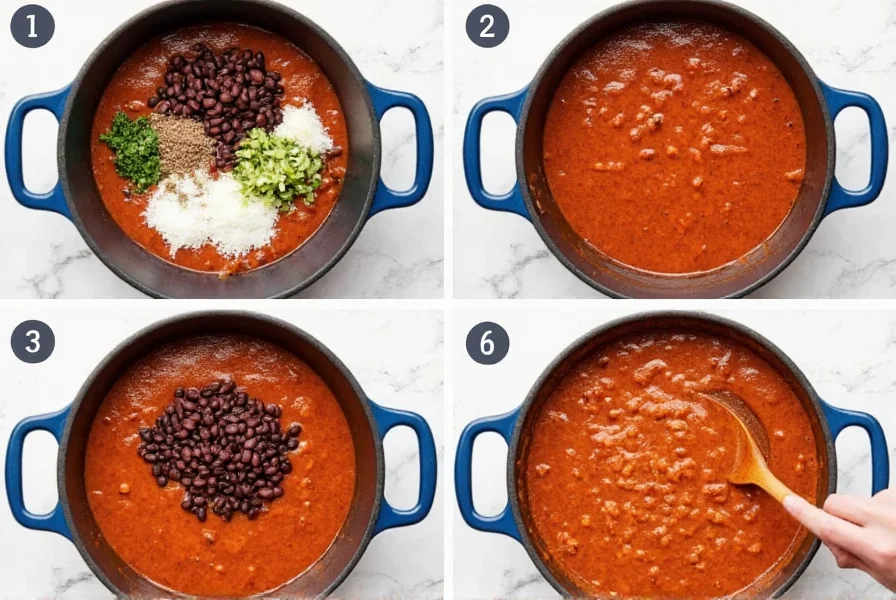 Step-by-step preparation of chili with black beans showing ingredient assembly and simmering process