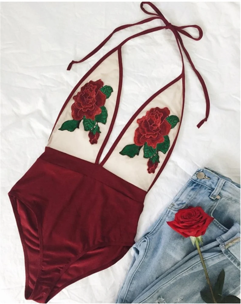 

Chinese Style Halter Transparent embroidered rose flower one piece swimsuit, Wine red