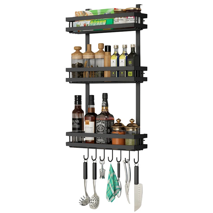 

Refrigerator side wall-mounted storage rack multifunctional kitchen spice rack wall-mounted 2-3 tiers with hook