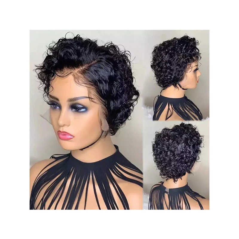 

H168 Mid-divided black hand tube small curly hair short headgear wig female chemical fiber headgear synthetic lace front wig