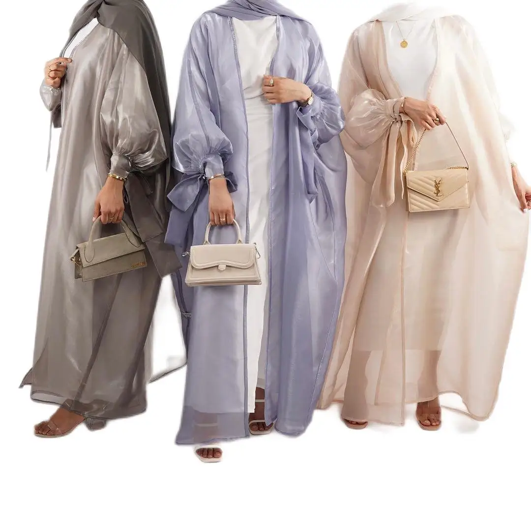 

Eid Ramadan Clothing Dubai Fashion Shining Mesh Polyester Kimono Dress Muslim Woman Modest Wear Front Open Abaya