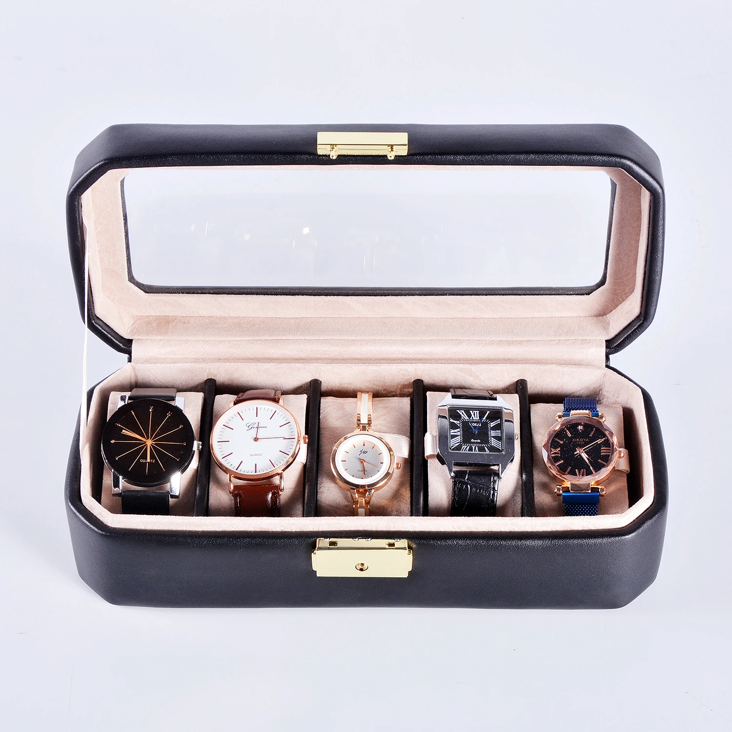 Men's Leather Watch Case With 5 Slot Glass Top Solid Made From Pu