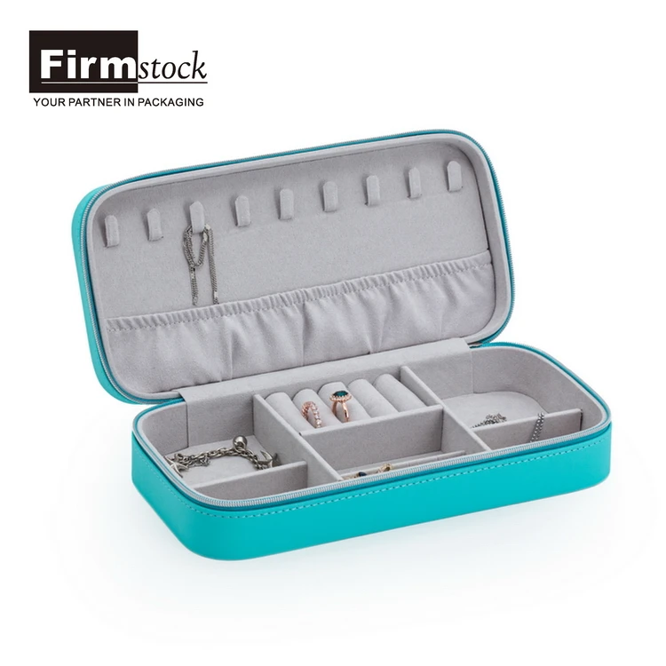 

High Quality Packaging Custom Logo Material Simple Velvet Lined Travel Safe Portable Girls Storage Tidy Jewelry Box, Blue green