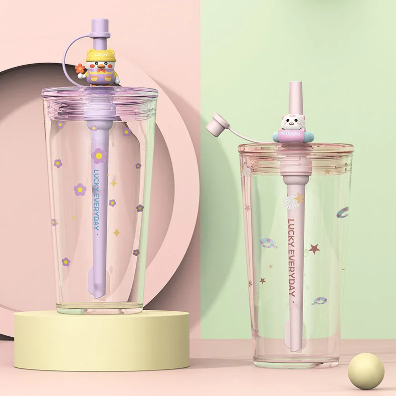 

Custom Logo Cute 600ml Tritan Cups Travel Mug With Animal Dust Plug Straw And Lid, 4colors