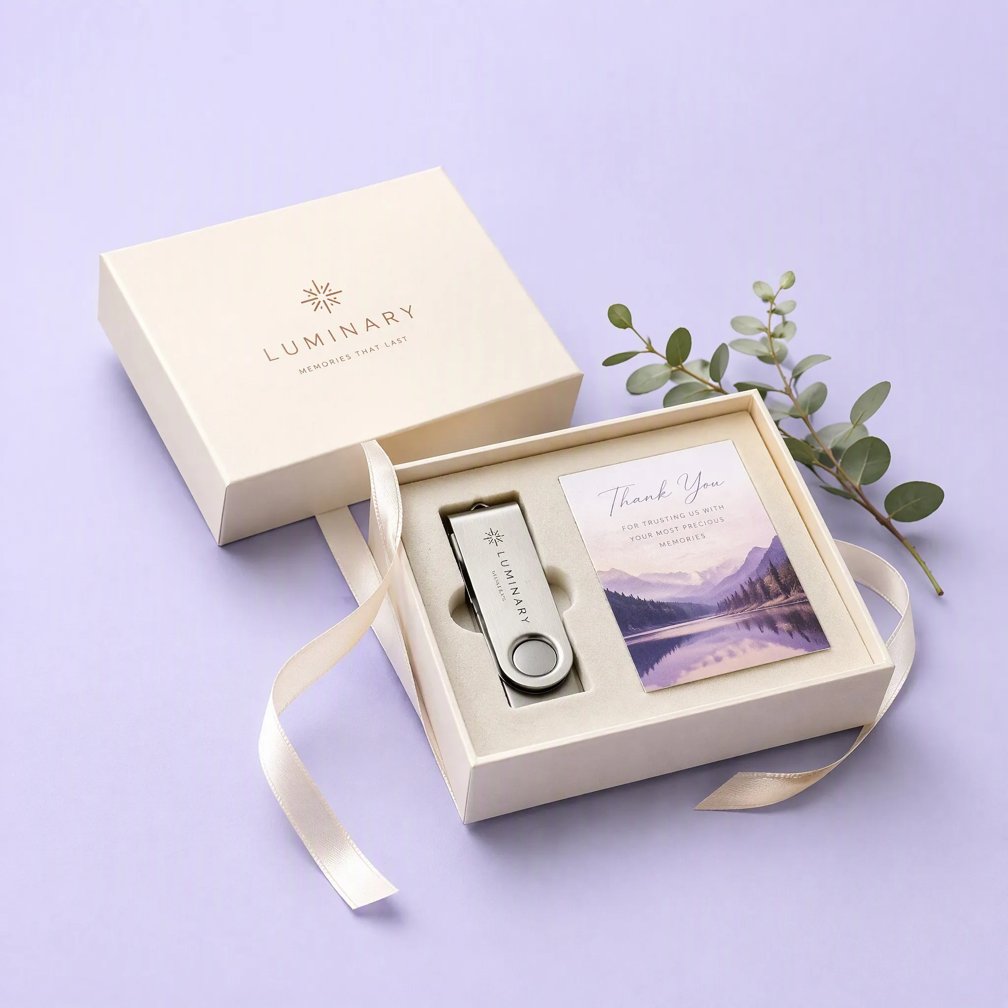 Matte Ivory Rigid Keepsake Box with Gold Foil Lid, Satin Ribbon, Stainless Steel Swivel USB Drive, and Purple Mountain Photo Card