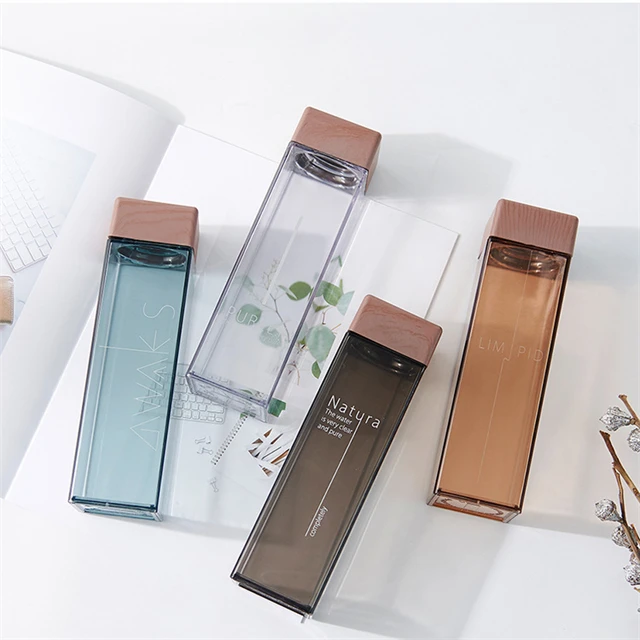 

J773 500ml Portable Leak-proof Sports Square Plastic Water Bottle Transparent Drinking Water Bottle With Bamboo Lid, Stock or customized