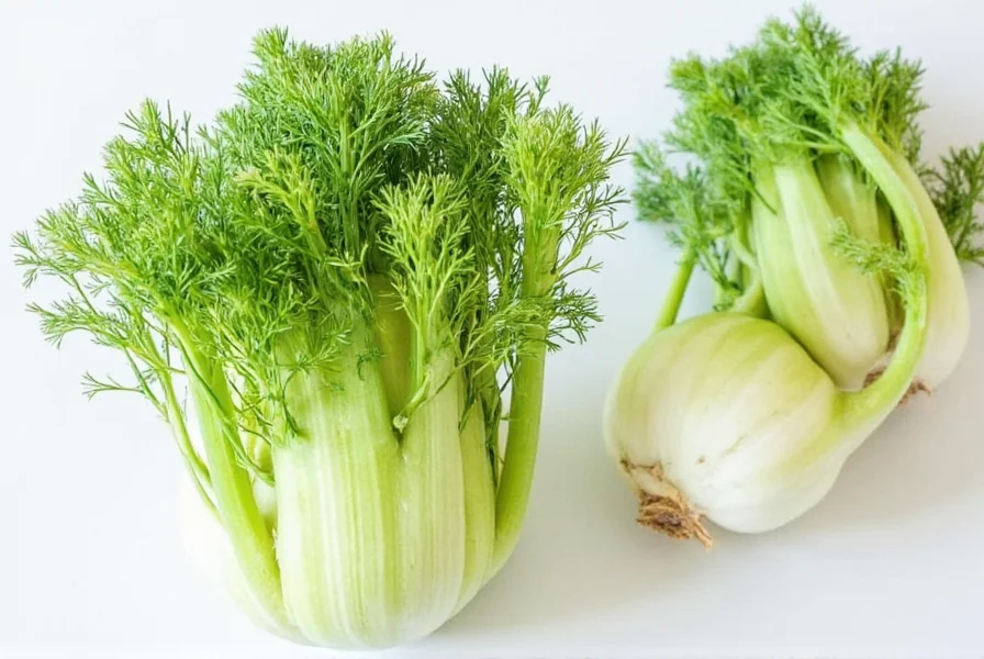 Various fennel preparations including raw bulb, roasted slices, and seeds in mortar