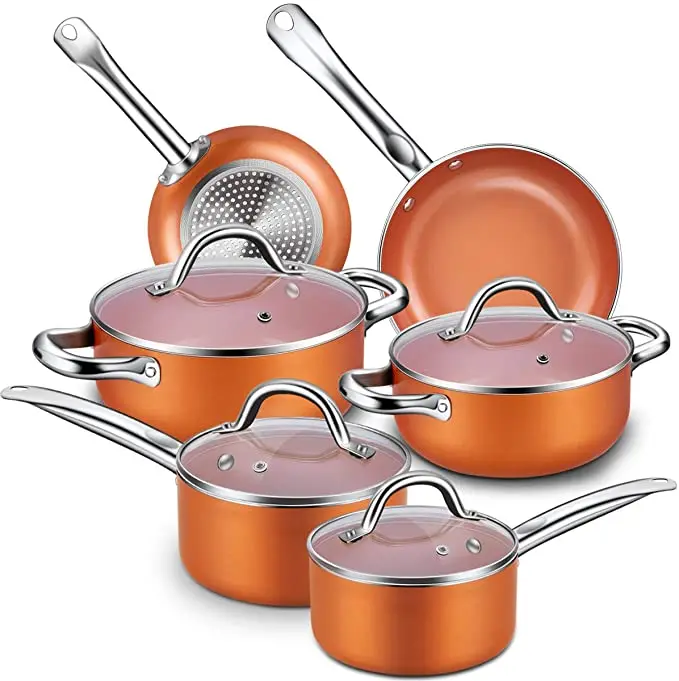 

New Stretched Pot Popper Color Ceramic Non Stick Cookware Set Pot Customized10 Pieces Copper Cookware Pans And Pots Set, Gold