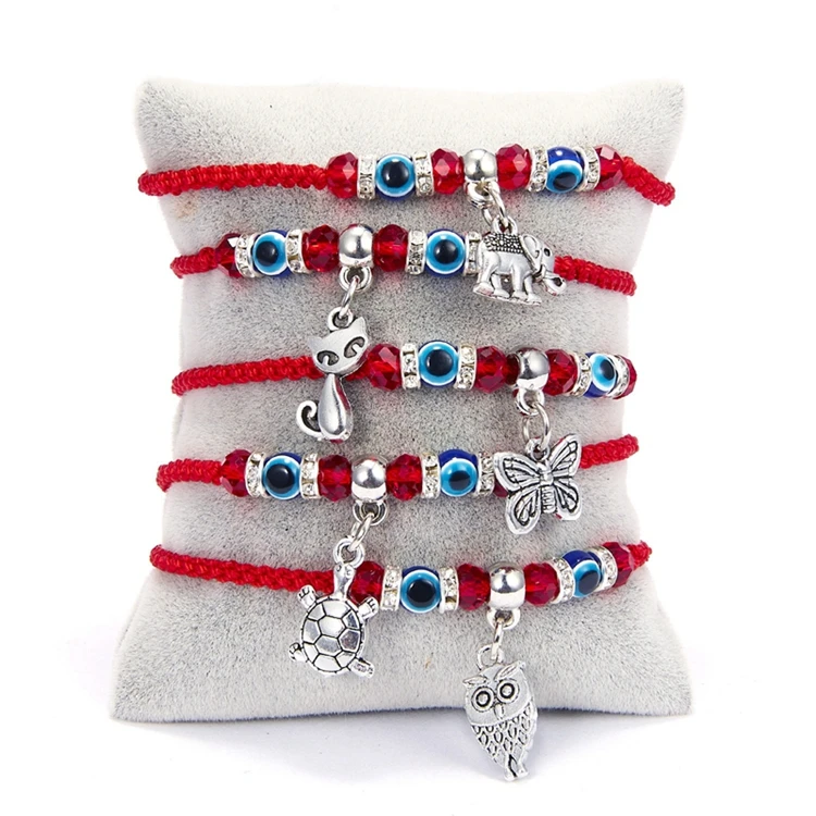 

Trendy Charm Owl Elephant Heart Hamsa Hand Women Braided String Adjustable Red Silk Cord Turkish Evil Eye Bracelet, Color plated as shown