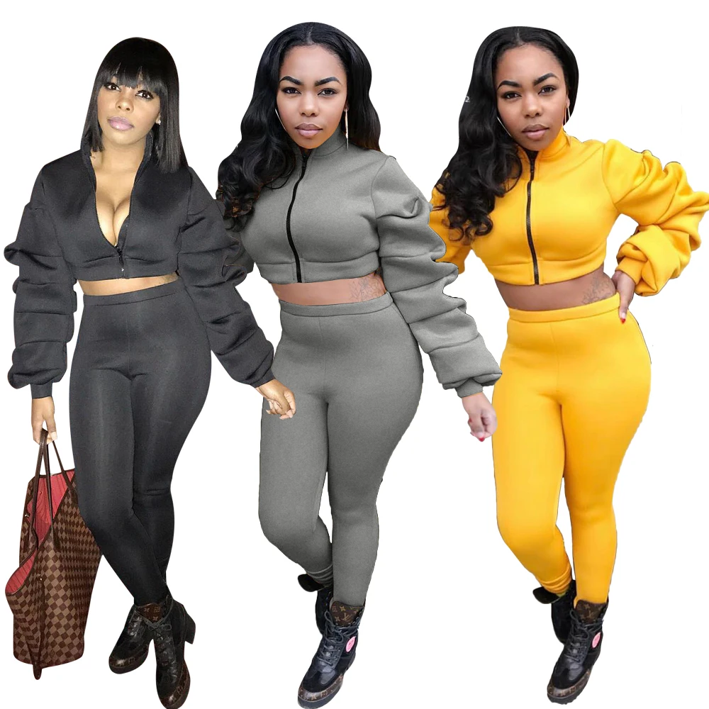 LH6202 women bandage pants and zipper front  crop top 2 piece set clothing