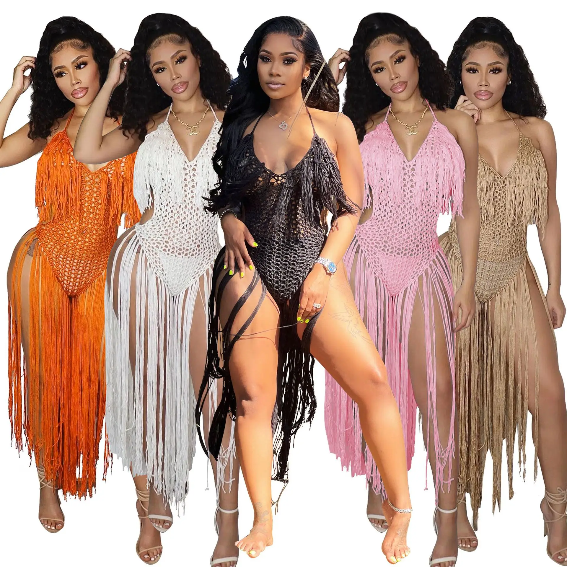 

Popular Element Beach Crochet Bohemian Dresses Woman One-Piece Hand Made Tassel Swimsuit