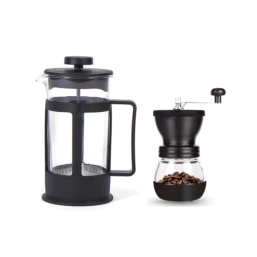 

Travel Coffee Set Cafetiere Manual Coffee Grinder Stainless Steel Filter Borosilicate Glass Camping Portable French Press, Black, customizable