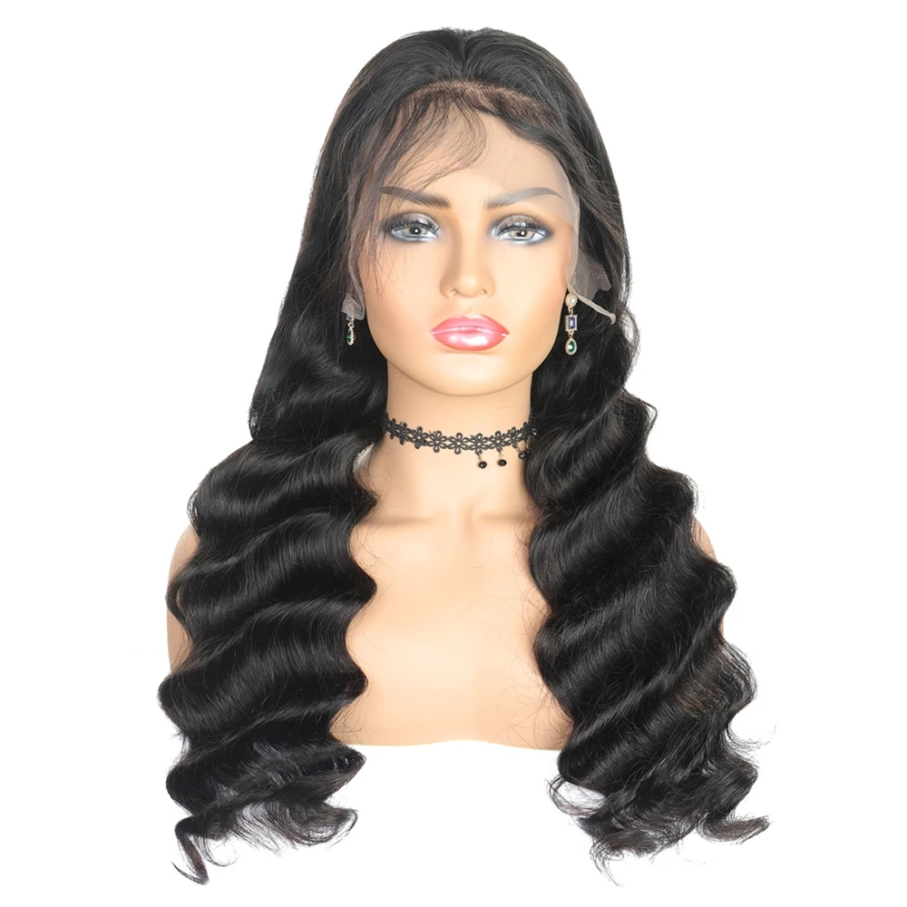 

Discount price promotion deals virgin human hair lace wig 180% density loose wave hair lace wig hot sale for customer bulk order, Natural black