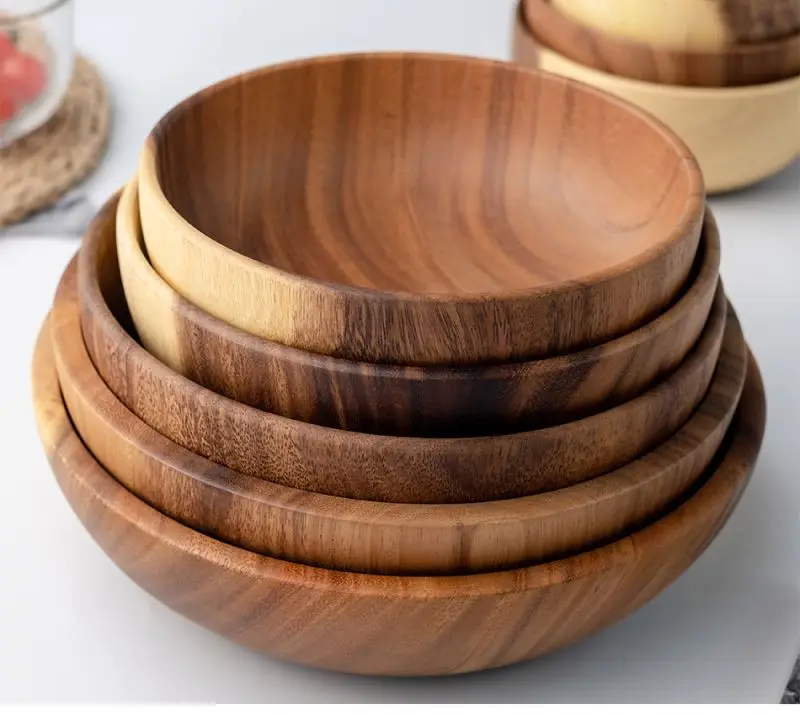 

Natural Acacia Wooden Hand-Carved Round Calabash Dip Bowl Dips Sauce Nuts Appetizers Desserts serving bowl set