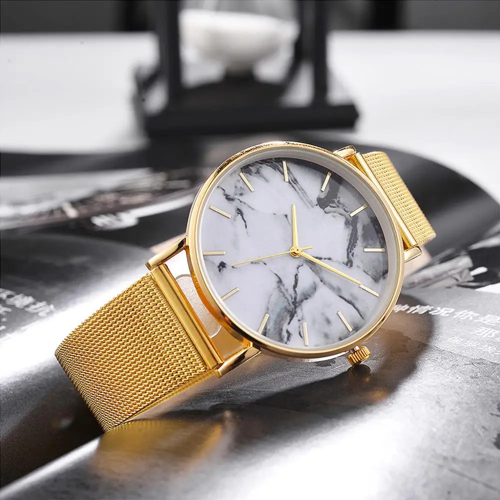 

Fashion Simple Alloy Mesh Belt With Quartz Watch Personality Marble Texture Wrist Watch For Women Gift