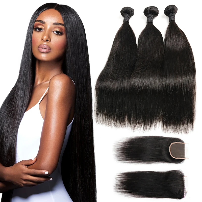 

Brazilian Hair Cheap Price 9A Grade Straight Bundles With Closure Bulk Package Deal Free Shipping Support Customize Logo, Natural colors