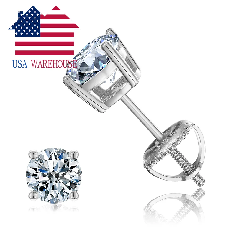 Drop Shipping USA Stock Women Men Jewelry White Gold 925 Sterling Silver 1ct 2ct VVS Moissanite Diamond Stud Earrings