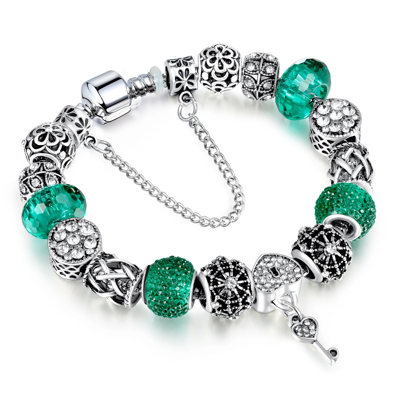 

DIY Inlaid Zircon Heart Beads Charm Bracelet Homemade Silver Beads Green Crystal Fit Key Pendant Bracelet For Women Jewelry