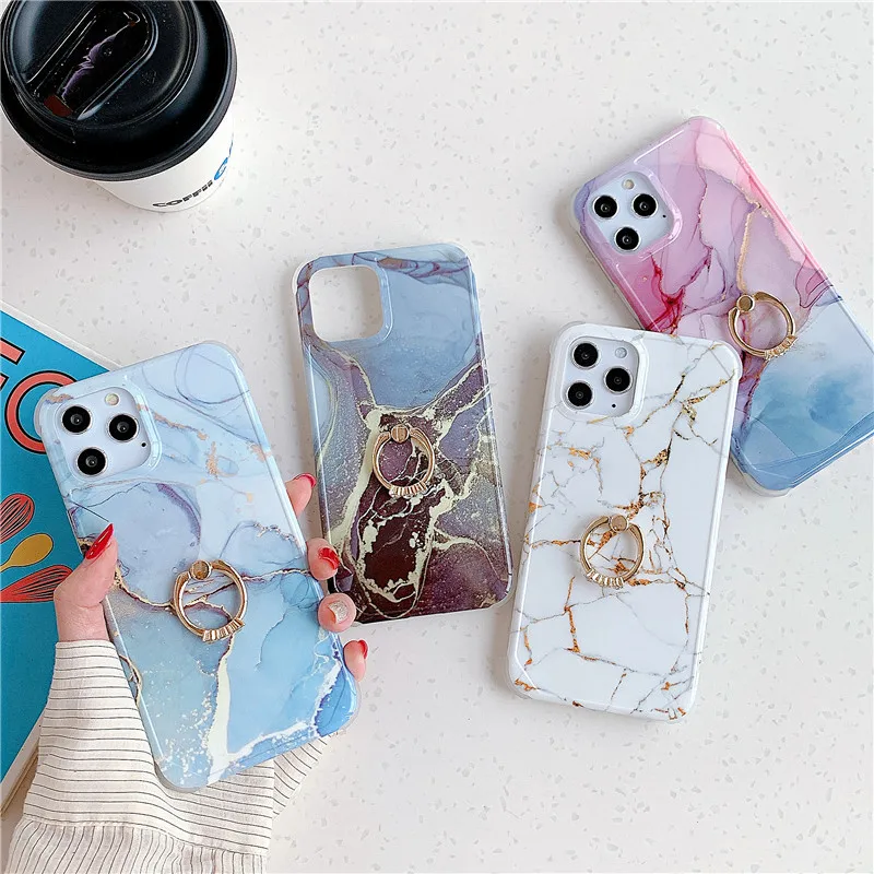 

Gradient Marble Phone Case For iPhone 12 11 Pro XS XR 7 8 Plus SE2020 Soft IMD Back Cover For iPhone 12Pro Max With Diamond Ring