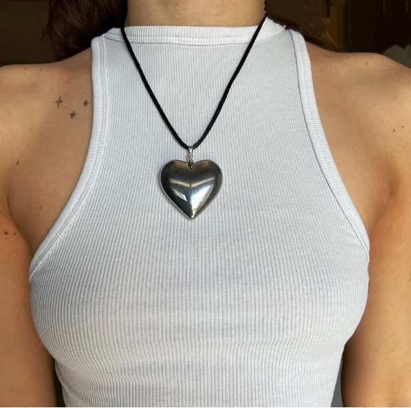 Mini or XL Silver Puffed Heart String Necklace Black Cord Long Wrap Tie Choker Stainless Steel 3D Puffy Pendant Handmade Unisex