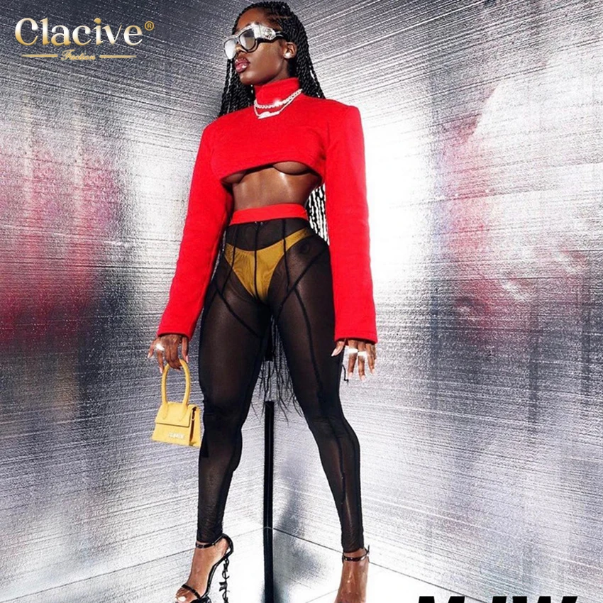 

Clacive Streetwear Women 2021 Summer Sexy Black Sheer Mesh leggings fashion See Through Night Club Party Pants Women