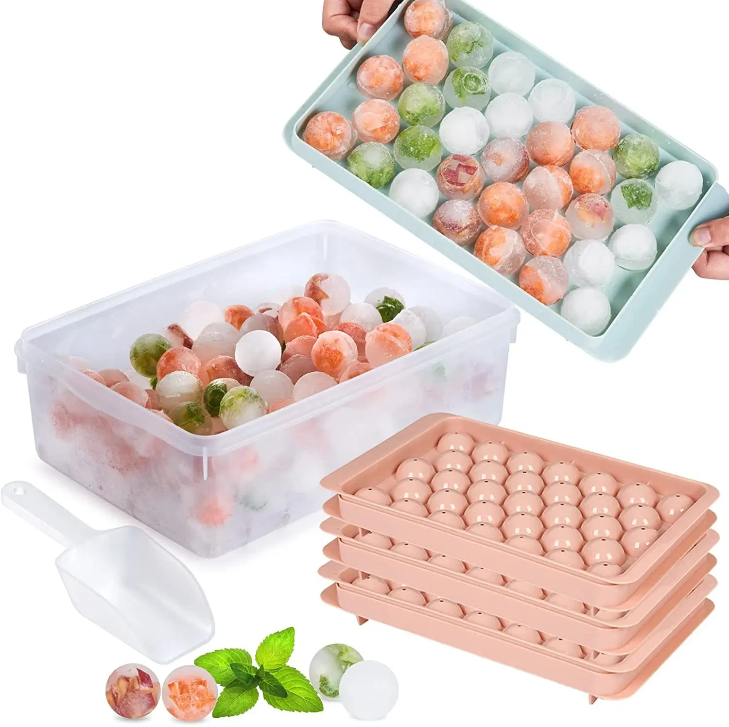 

Amazon TOP Seller BPA Free Plastic Mini Round Ice Ball Maker Mold Ice Cube Tray With Lid and Bin Ice Scoop, Green / blue / orange etc.