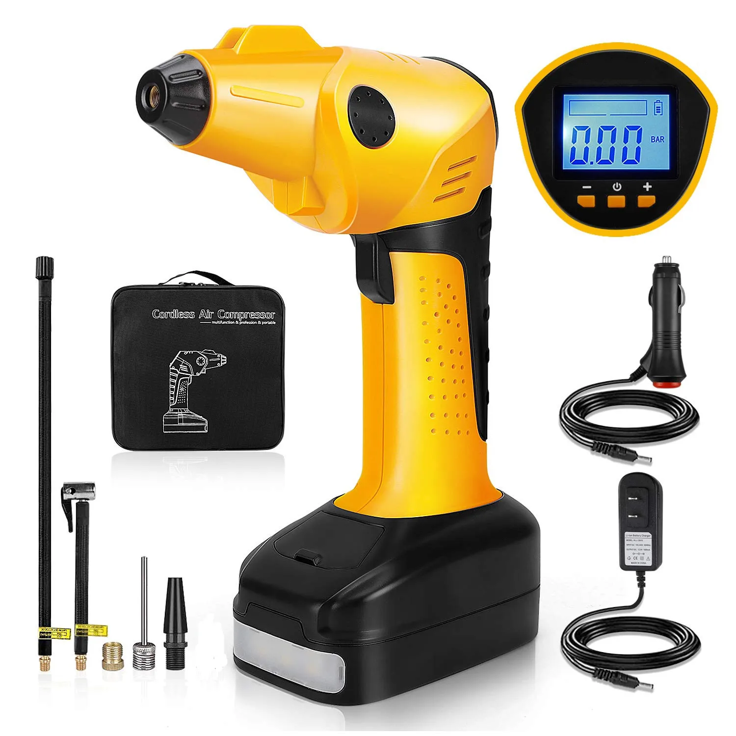 

New Micro Air Inflator 12v Portable Air Compressor with Jump Starter for Emergency, Yellow.