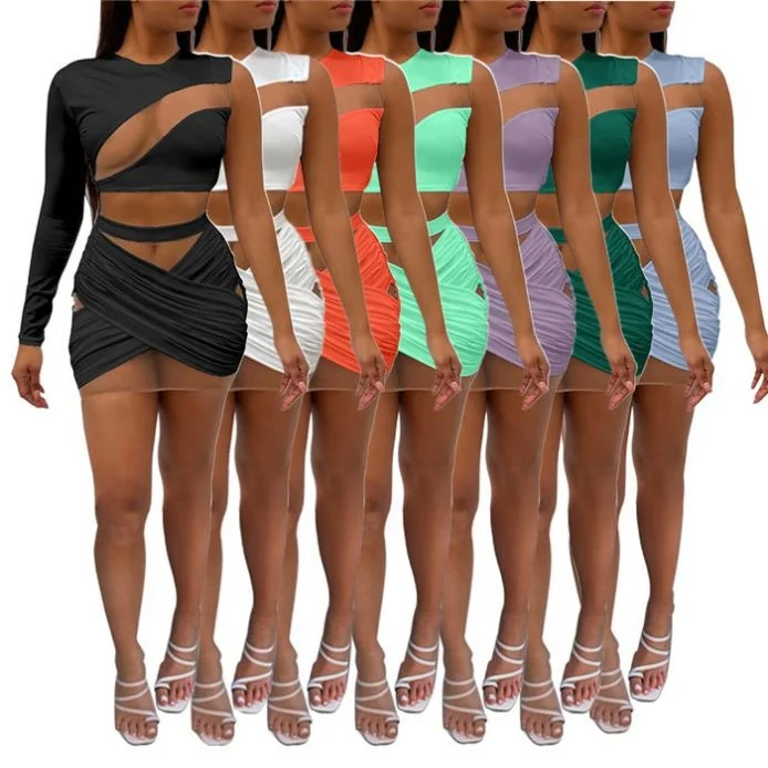 

GE6281-Boutique Clothing Women Solid Color Patchwork Mesh Two Piece Skirt Set 2021 Club Wear 2 Piece Set, Picture color