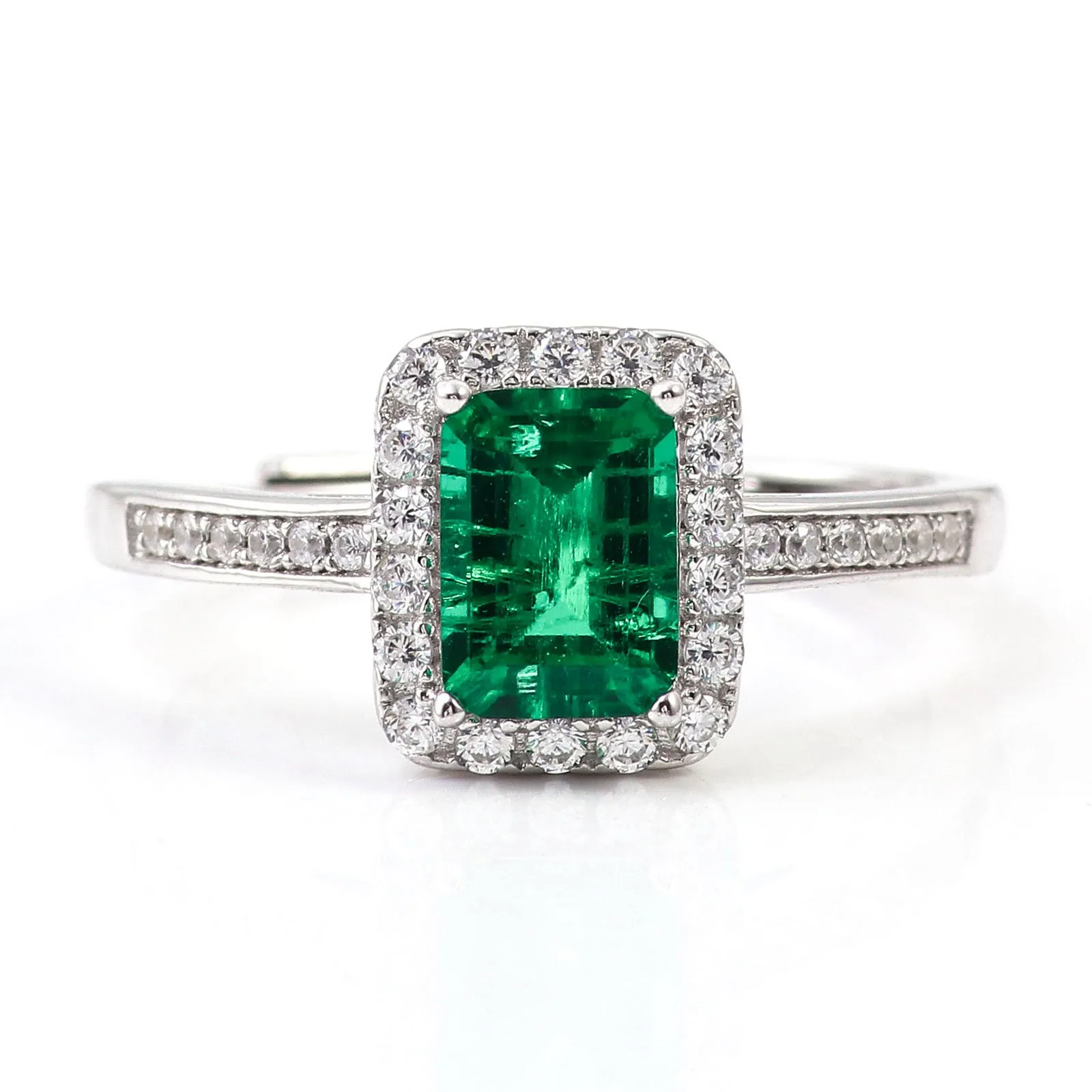 Forever Star 925 Sterling Silver Lab-grown Emerald Rectangular Emerald Cut Center Stone Prong Set Wedding Ring Gemstone
