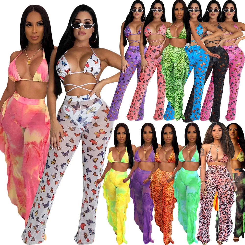 

2021 New Arrival Summer Ruffle Sheer Beach Wide Leg Pants Bikini 3 Pieces Set