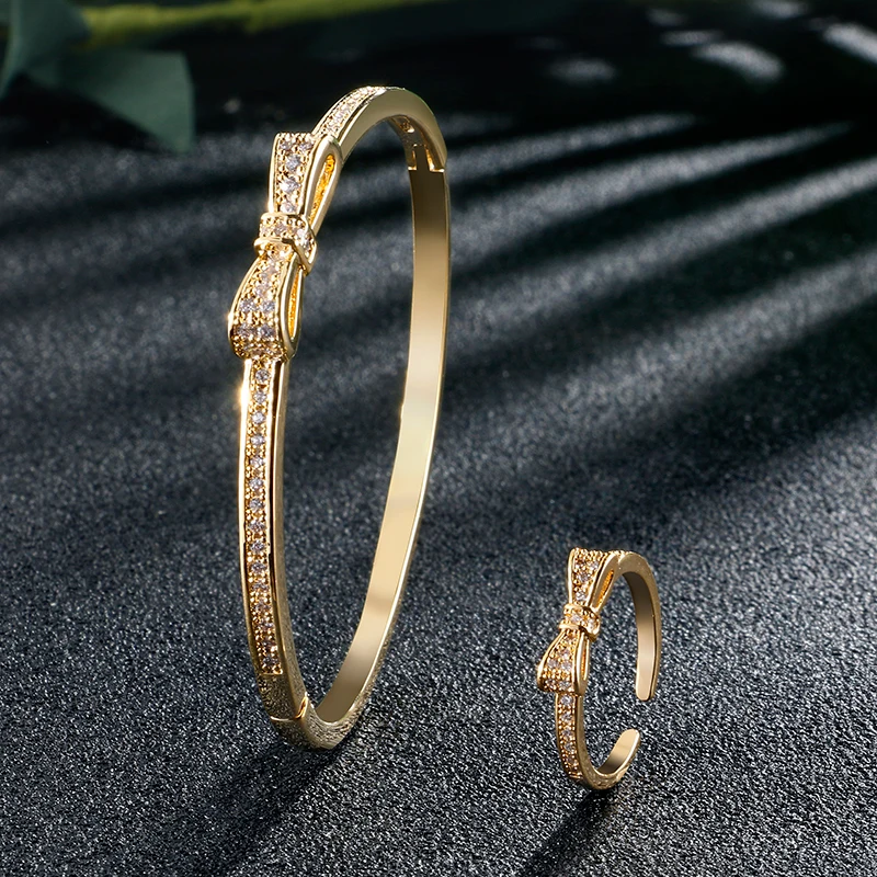 

2022 zircon 18K gold plated bow knot shape bracelet ring jewelry sets, As picture