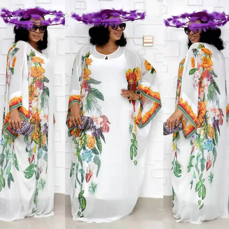 

African Women Robe Plus Size Dress Two Piece Suit Pearl Chiffon Digital Printing Long Dress Kaftan, As showed