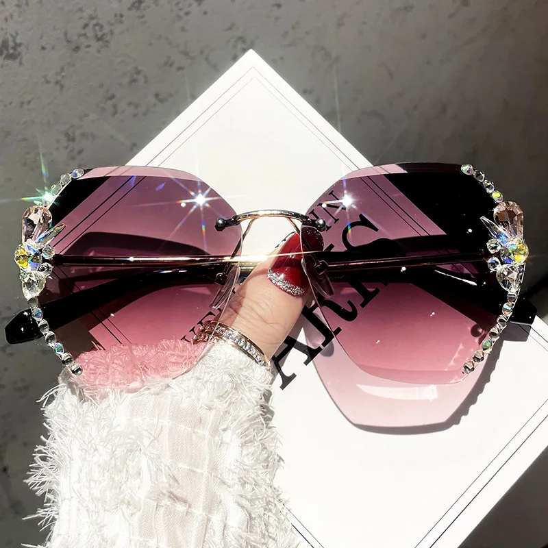 

Lunette De Soleil Luxury Rhinestone Sun Glasses Female Shades Cutting Lens Rimless Sunglasses