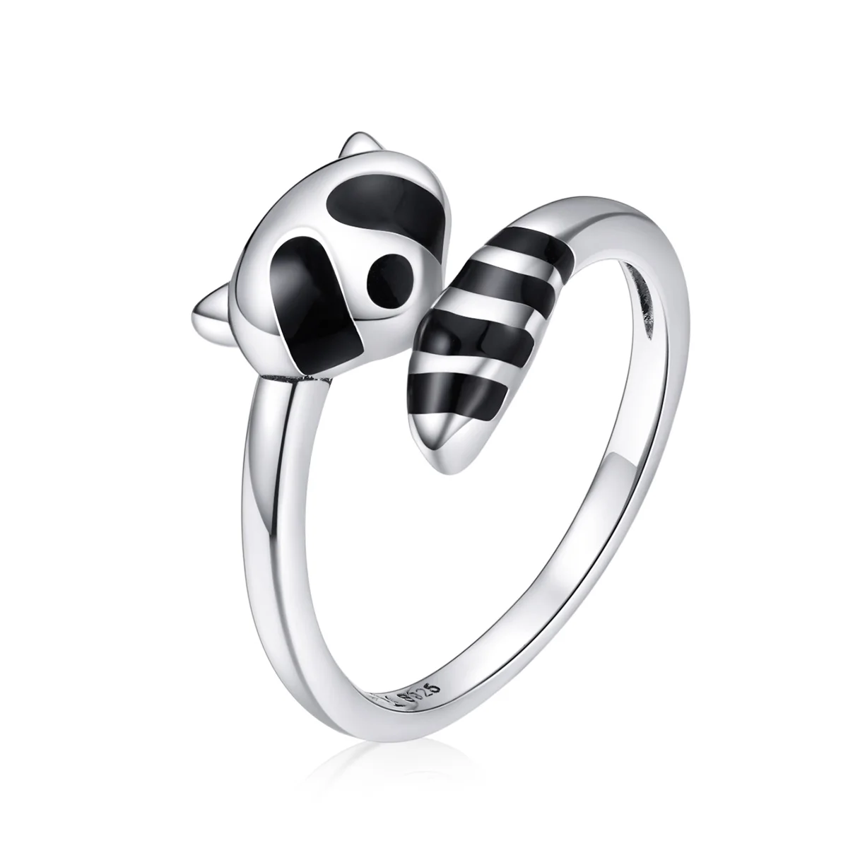 

925 Sterling Silver Black Enamel Raccoon Finger Rings