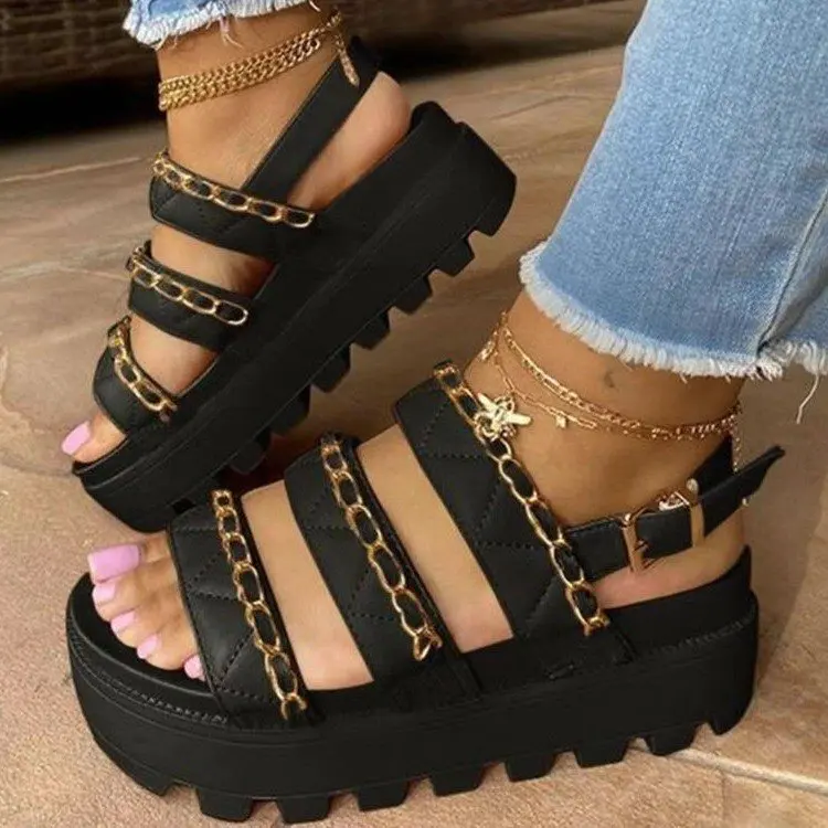 

Chain trimmed quilted strap platform women shoes faux leather peep toe chunky sole lady slingback sandals for summer wear