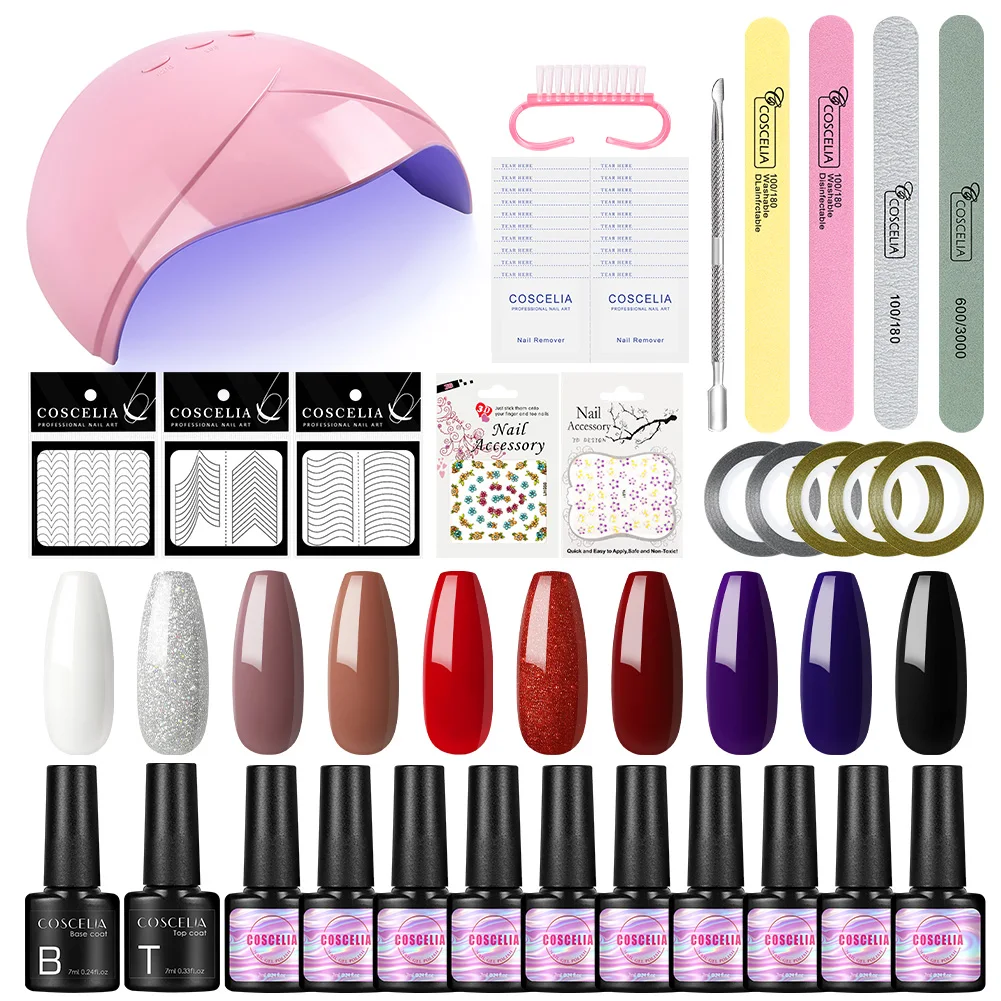 

COSCELIA Beginner Kit Led UV Dryer Lamp Nail Gel Polish 10 Colors Set with Nail Accessories, 10colors