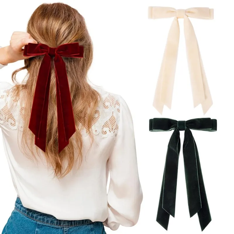 

Fashion Velvet Hair Bows Ribbon Hair Clip Women Long Tassel Bows Ponytail Holder Accessories Slides Metal Clips Hair