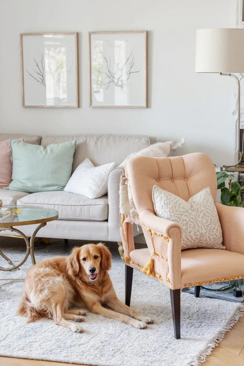 Modern living room with sleek sofa and matching pet bed in corner