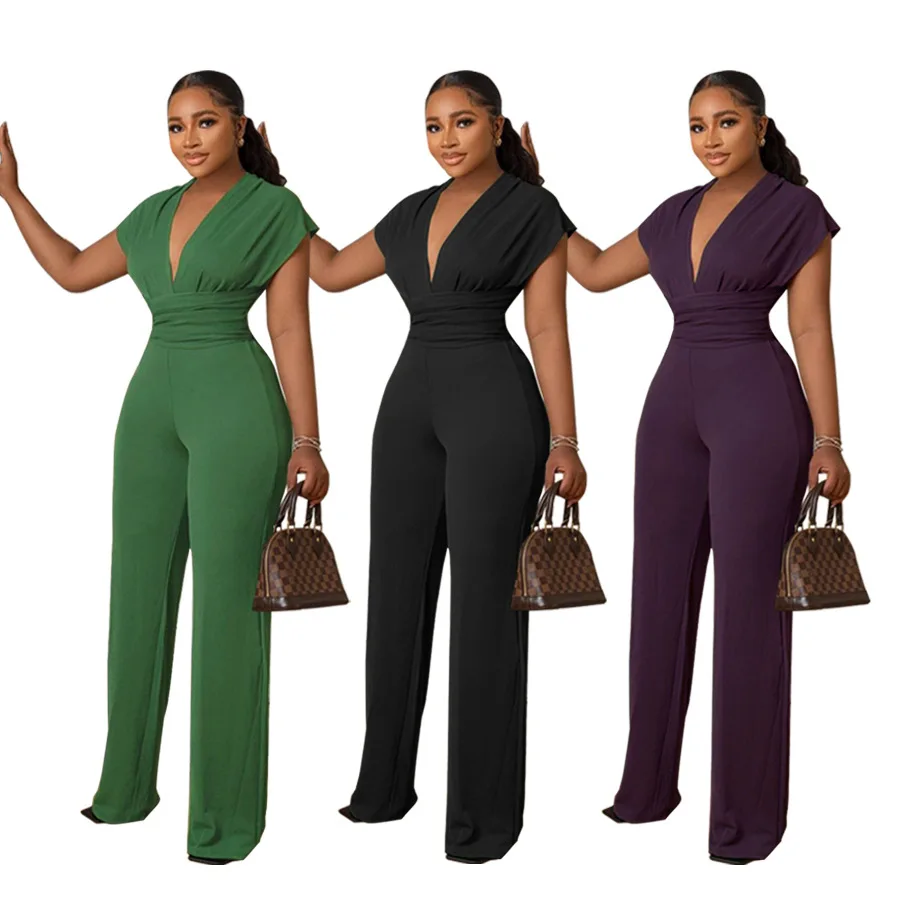 

2022 New Arrivals Soild Sleeveless Playsuits V Neck Tunic Romper For Women One Piece Wide Leg Jumpsuits