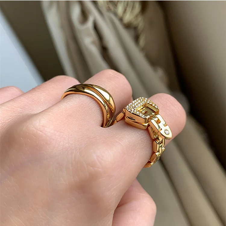 

Ins Style Personalized 18k Real Gold Plated Chain Belt Buckle Rings Gold Link Chain Gold Belt Rings