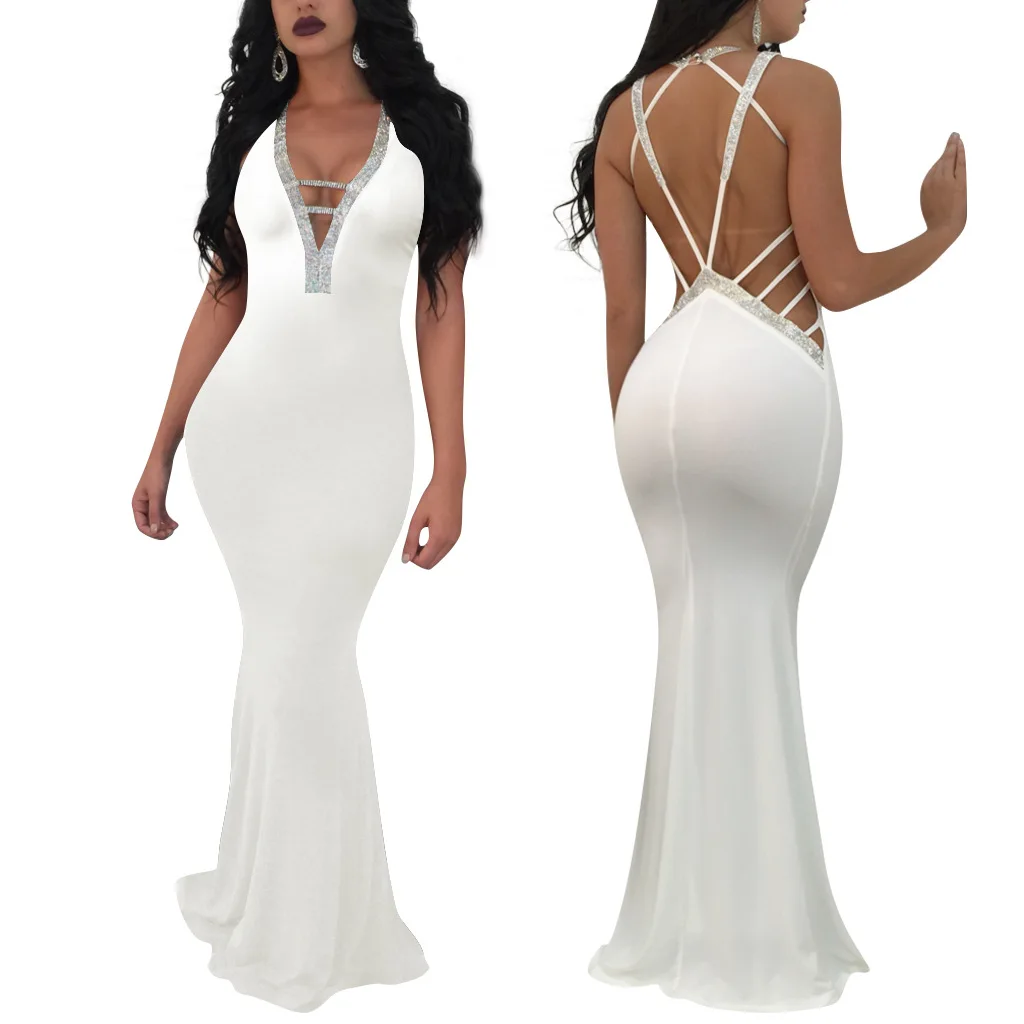 

2021 Fashion Designer Ladies Mop Dresses Deep V Neck Backless Women Clothing White Sexy Party Club Wear Prom Women Evening Dress, Photo color