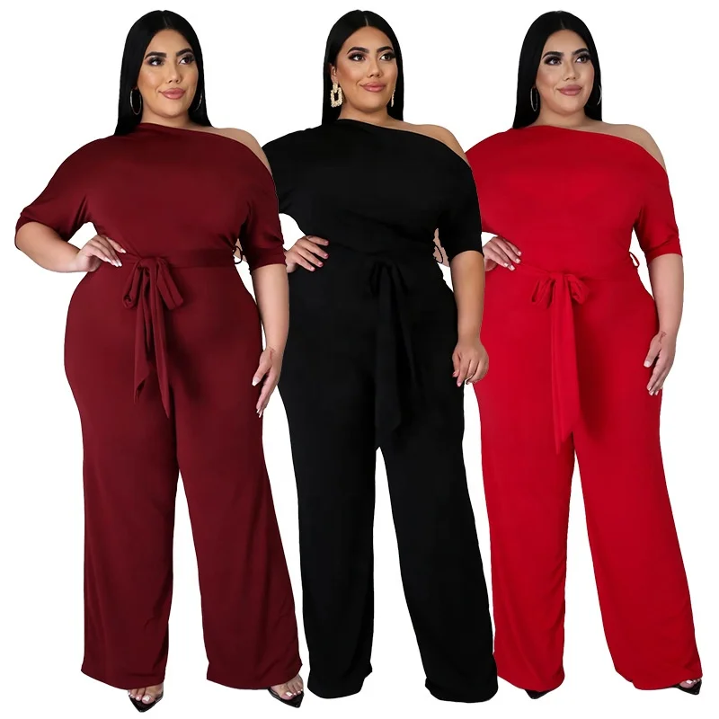 

LANOZY Summer Fashionable Solid Color Slant Shoulder Wide leg Pants Plus Size jumpsuit, 3colors