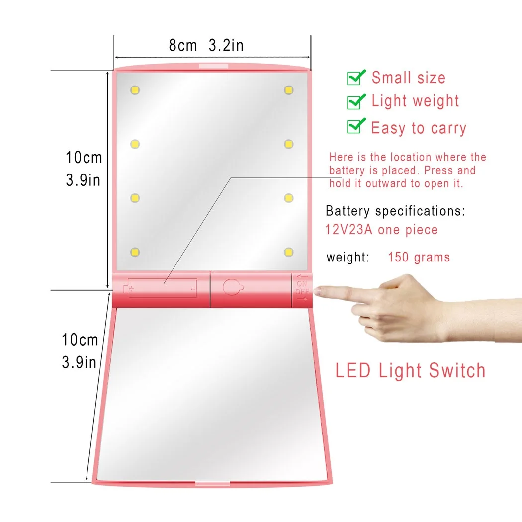 

Fashion jean pocket folding glass mirror 8 led Light Lamp rainbow Makeup Mirror folder Cosmetic Hand Folder led mirror for lady, Pink,white,black,blue