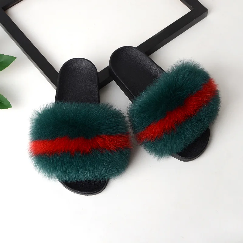 
New designer slides for women fox fur slippers 