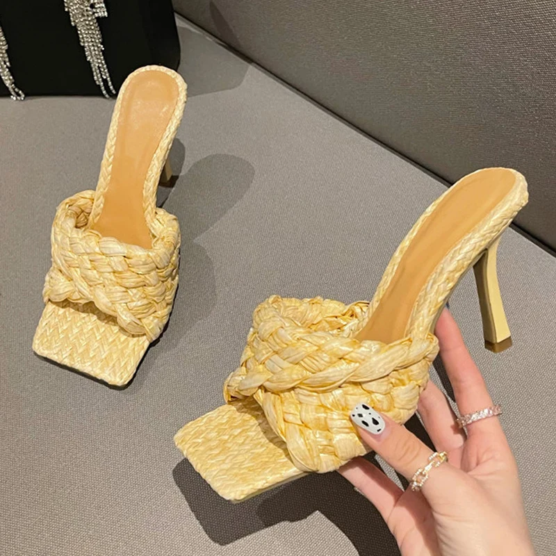 

2022 New Weaving High Heel Mule Slipper Women Weaving Designer Slider Summer Party Outdoor High Heel Slipper Square toe shoes