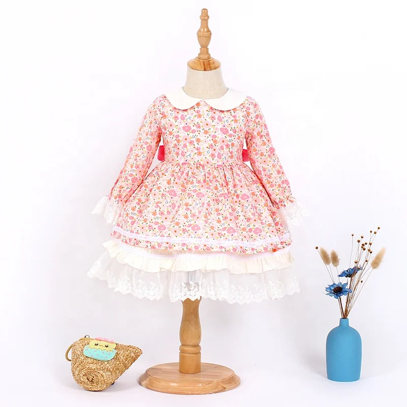 

OEM 2021 New arrival latest style winter autumn fashion children pink spanish lace dress girls, Accept customized