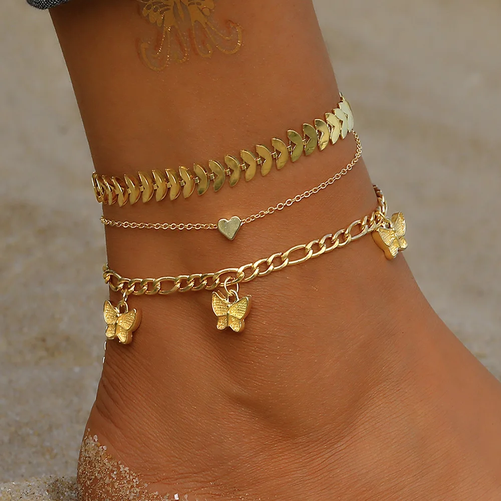 

SC Bohemian Ankle Bracelet Anklet Gold Plated Chain Adjustable Layered Butterfly Heart Pendant Beach Foot Jewelry Anklet