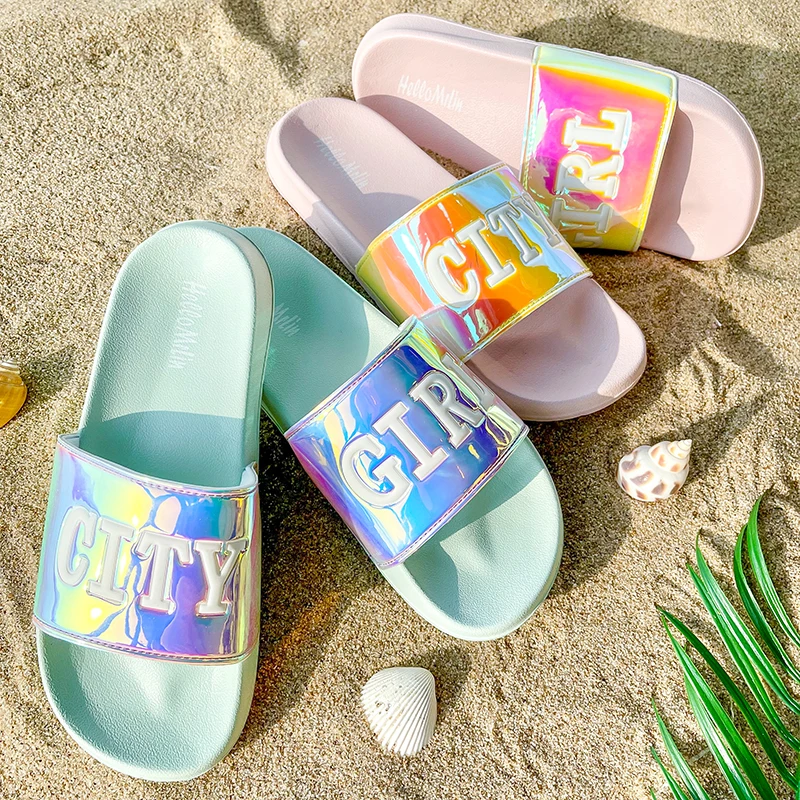 

Factory Sale Latest Light Weight Printed Letter Pvc Strap Cute Summer Slippers For Women